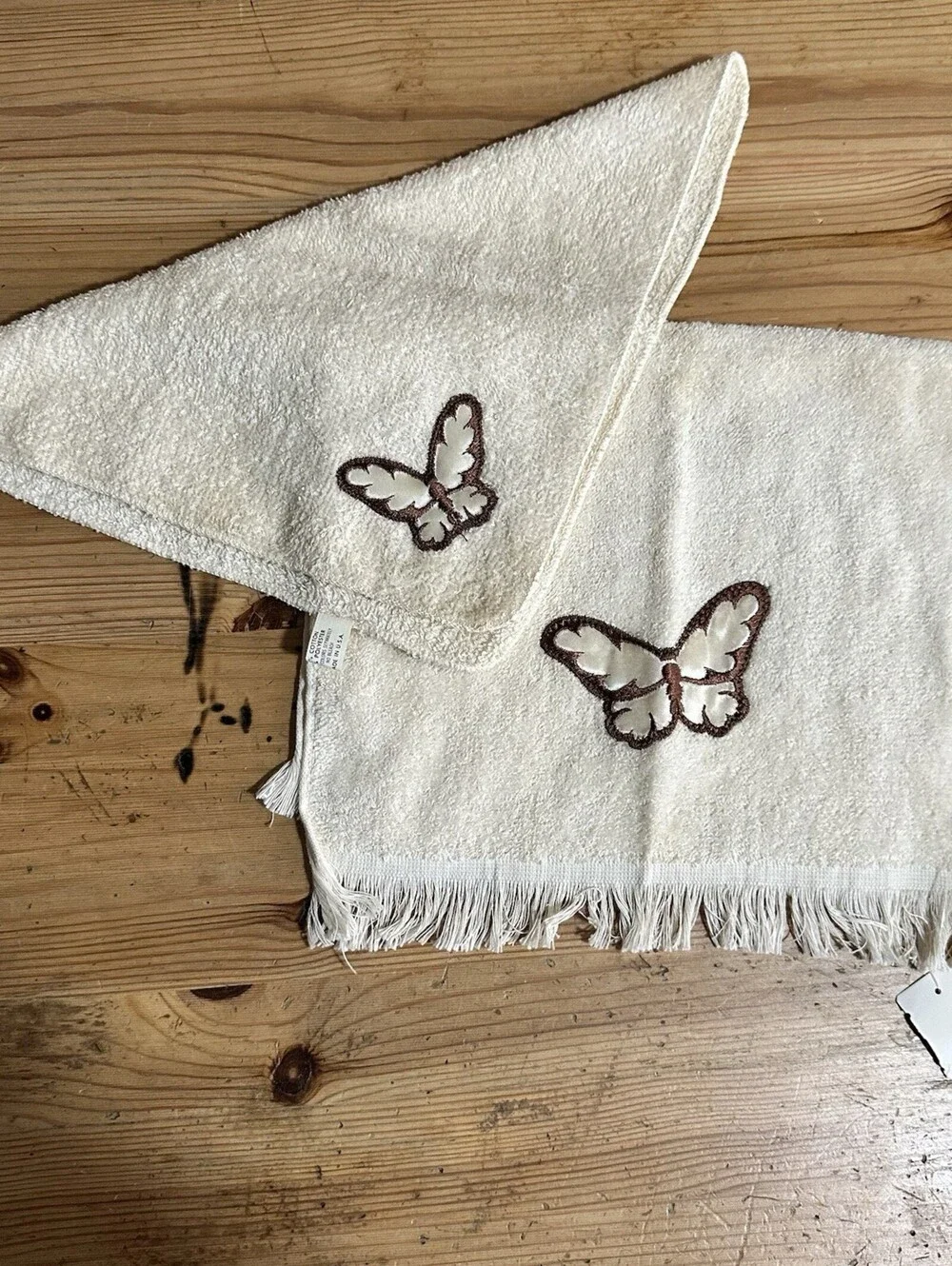 Vintage 70s Boho Butterfly Towel Set | Cream & Brown Fringed  Retro Home Decor